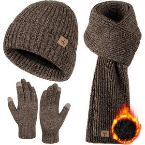 Men's Khaki 3 PCS Set Winter Warm Beanie Hat Long Knit Scarf Touchscreen Gloves